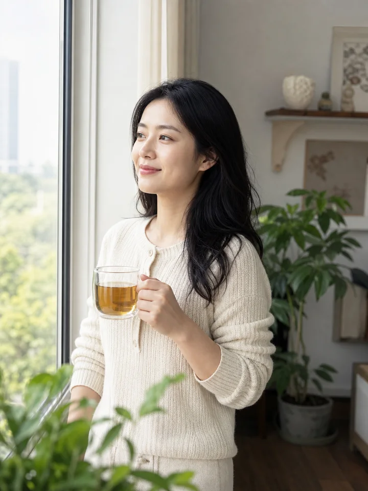 在窗边喝茶的成年女性生活照